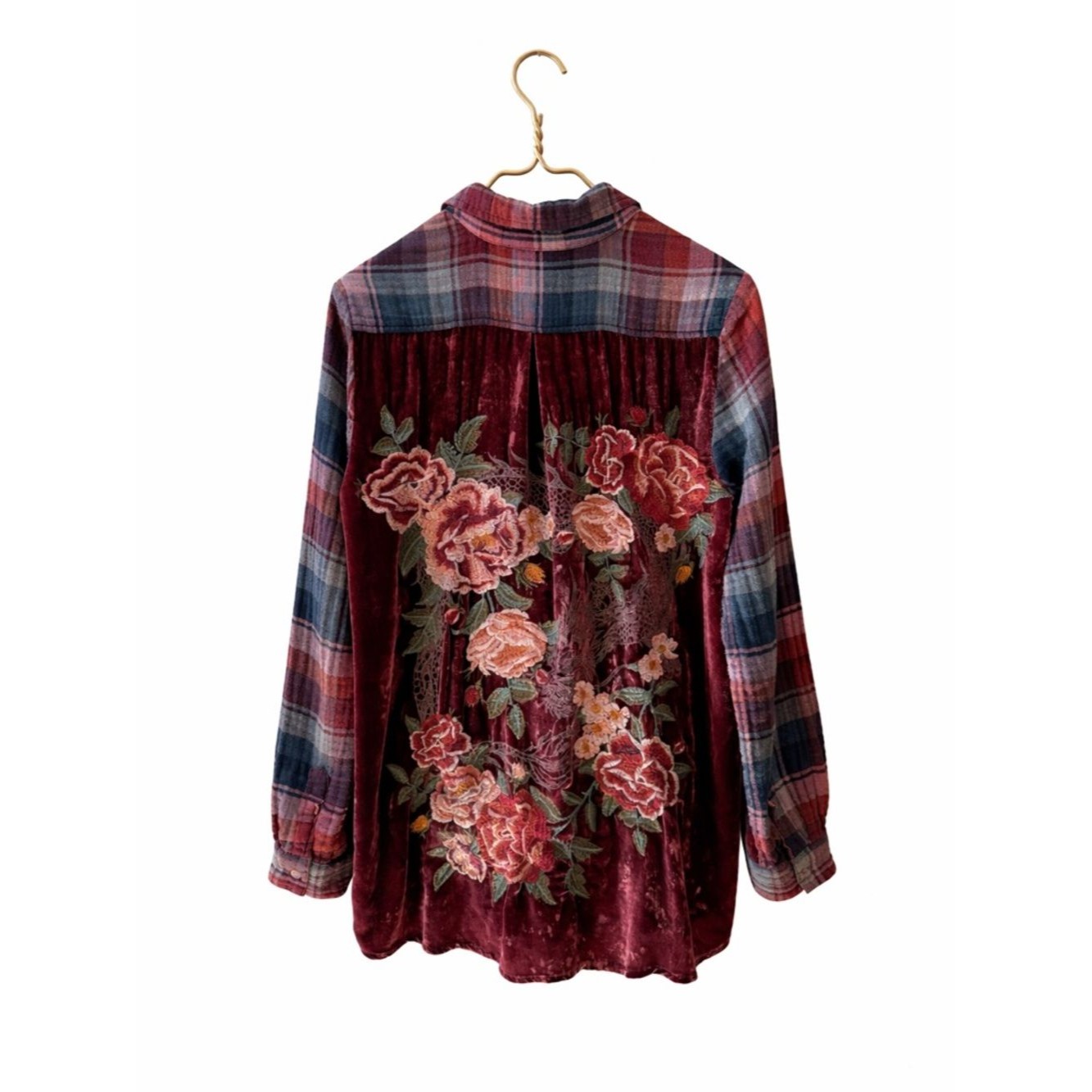 Johnny Was Oversized Plaid Velvet Embroidered Shirt